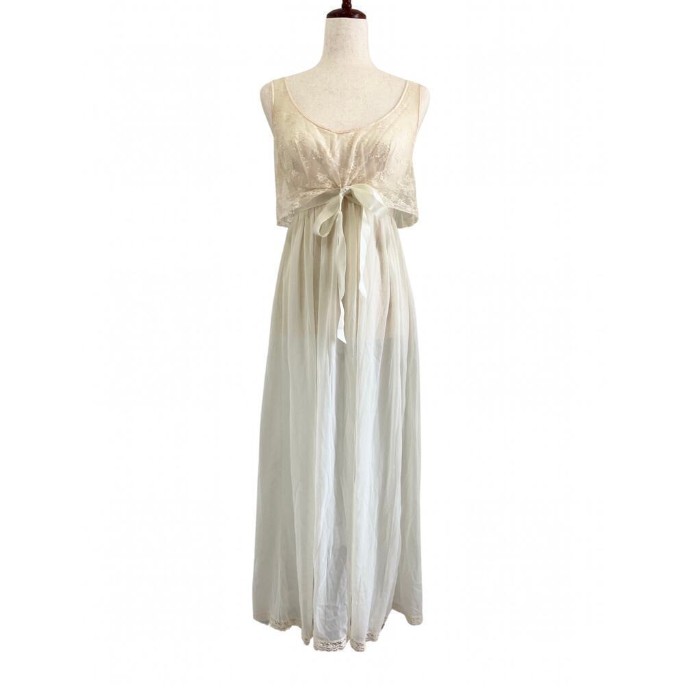 Vintage Hollywood Vassarette Cream Lace Midi Maxi Length Nightgown Size 36 0599B
